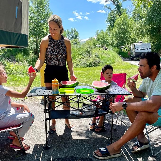 LET'S CAMP Folding Camping Table, Portable Aluminum Roll-up Picnic Backpacking Table with Adjustable Height, Large Storage and Carrying Bag for Picnic, Camping, BBQ, Party, Backyard, Beach