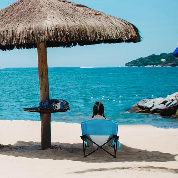 Oileus Low Beach Chair for Beach Tent/Shelter & Camping/Outdoor Ultralight Backpacking Folding Recliner Chairs with Cup Holder/Storage Bag, Carry Bag, Breeze Mesh Back, Compact Duty 1 Pcs Chair