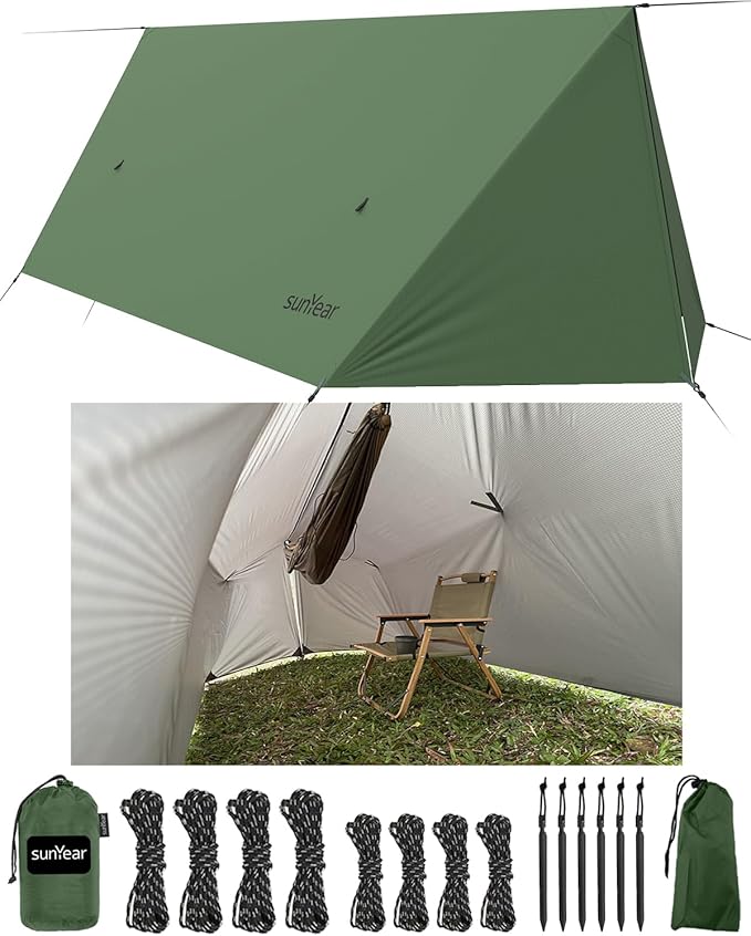 Sunyear Hammock Rain Fly Waterproof - Premium Hammock Tarp with Doors to Stay Warm and Dry in All Seasons | Portable and Lightweight Camp Rain Fly with All Installations Included | 11 Ft / 2lbs