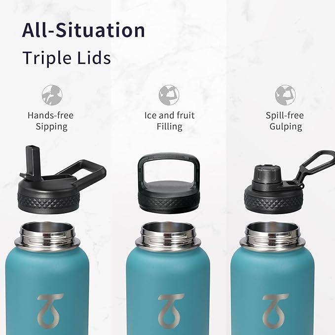 Trebo 40oz Water Bottle Insulated with Lid and Straw,Double Wall Vacuum Stainless Steel Tumbler Sports Flask with Paracord Handle, Keep Hot 24 Hours & Cold 48 Hours Water Jug with 3 Lids, Cyan Blue