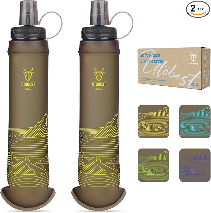 UTOBEST 500ml Soft Flask, 2 Pack Flexible TPU Hydration Water Bottle, Collapsible with 42mm Caliber for Running, Hiking, Cycling, Climbing, and Marathon Yellow