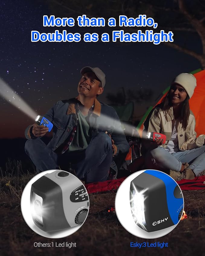 Esky Emergency Hand Crank Radio with 3 LED Flashlight, AM/FM/NOAA Portable Weather Radio with 2000mAh Power Bank Phone Charger, Solar Powered USB Rechargeable Radio for Indoor Outdoor Camping, Blue
