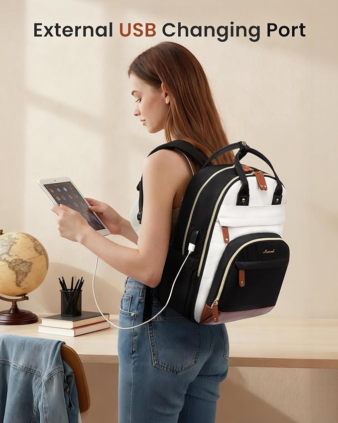LOVEVOOK Laptop Backpack Women with USB Port Design,17.3 inch Waterproof Work Travel Backpack Computer Laptop Bag,Cute College Nurse Teacher Backpack Purse,Gifts for Women & Men,Beige-Black-Brown