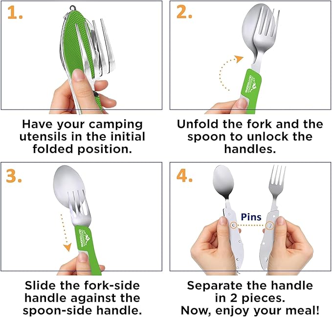 2Pcs Camping Flatware Foldable Utensils Detachable Portable and Versatile Stainless Steel Knife Fork Spoon and Bottle Opener Compact Outdoors Cutlery Pocket Knife Style - 2/pk (Green)