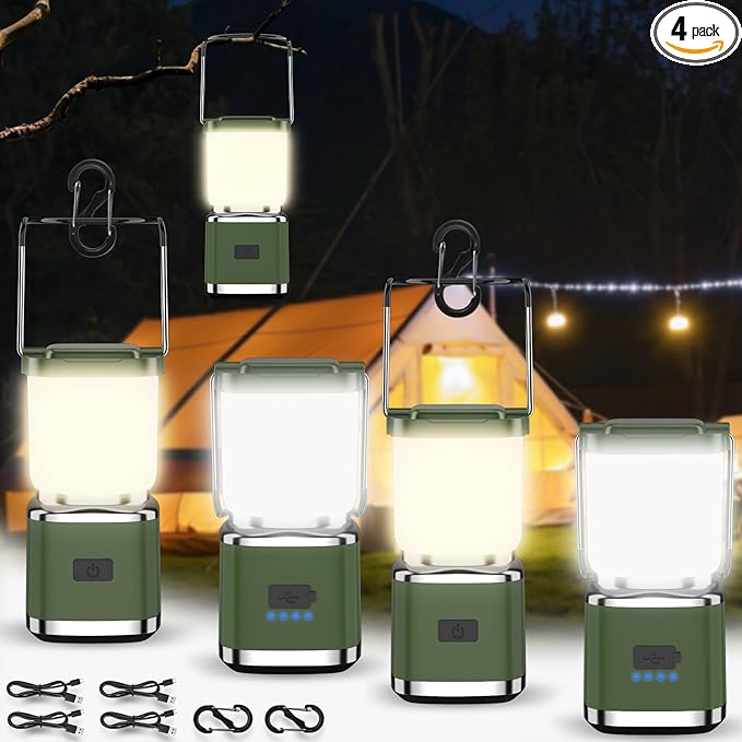 LED Camping Lantern, High Lumens Camping Light Rechargeable with 4 Light Modes, Waterproof, Camping Essentials, Mini Lantern Flashlight for Camping, Hurricane, Emergency, Hiking, Power Outages, 4pc