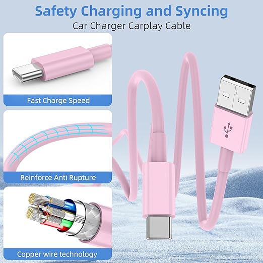 2Pack 3FT USB A to USBC Cable for iPhone 17 16 15 Charger Cord, for Apple 17 16 15/Pro/Pro Max/Plus Type C Cord, for iPad Pro 12.9/11, Air 5th/4th Gen, Car Carplay Charging Cable for Android(Pink)
