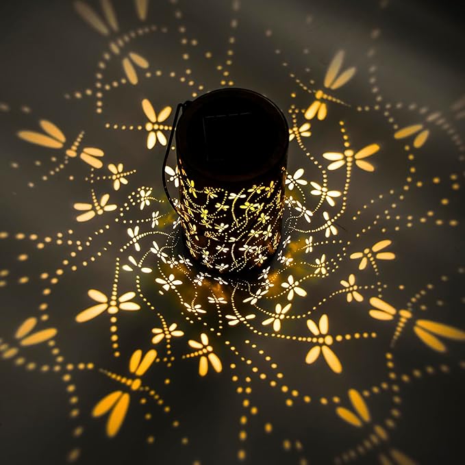 Birthday Gifts for Women,Solar Lanterns Outdoor Hanging Lantern Lights, Dragonfly Hollowed-Out Metal Decor Lantern, Waterproof LED Decorative Garden Light - Delicate Garden Decoration for Patio, Yard