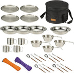 Camping Kitchen Tableware Mess Kit, Bowls&Dishes Set for 4 Person- 31pcs Utensils Set with Plate Spoon Fork Serrated Knife,304 Stainless Steel Bowl&Cup&Dish,Storage Bag,Backpacking, Hiking Picnic