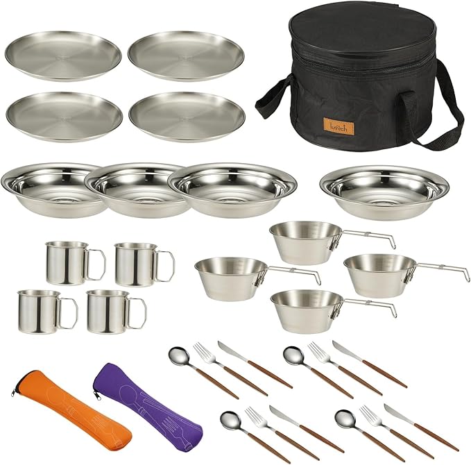 Camping Kitchen Tableware Mess Kit, Bowls&Dishes Set for 4 Person- 31pcs Utensils Set with Plate Spoon Fork Serrated Knife,304 Stainless Steel Bowl&Cup&Dish,Storage Bag,Backpacking, Hiking Picnic