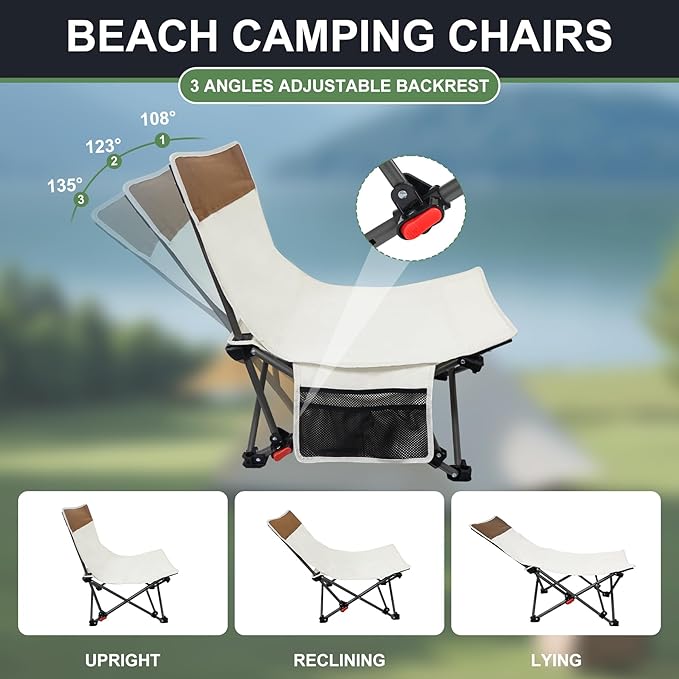 Compact Backpack Beach Chairs 2 Pack with Adjustable Backrest & Side Pocket, Low Folding Camping Chairs for Adults, Portable Reclining Chairs for Beach, Lawn, Travel
