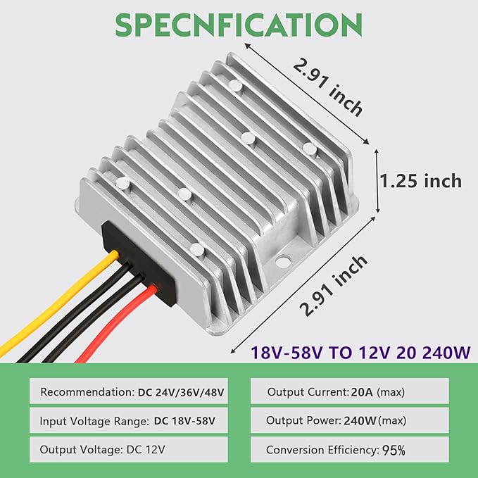 20A 240W Golf Cart DC 18V 20V 24V 36V 48V Step Down to DC 12V Converter Voltage Regulator Reducer Power Buck Converter with Fuse(Inputs 18V-58V to 12V 20A)