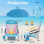Homcosan Portable Low Folding Beach Chairs Set of 2 with Detachable Umbrellas - Lightweight Camping Chairs for Adults with Cup Holder & Storage Pockets, Carry Bag Included (Blue & Pink)
