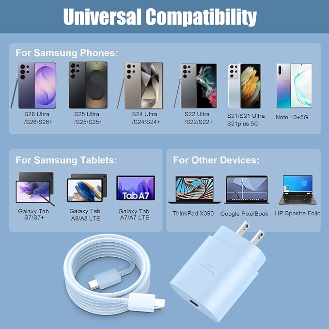 25W Super Fast Charging Cord Type C Block &10Ft USB C Android Phone Charger Cable for Samsung Galaxy S26/S25/S24/S24 Ultra/S24 Plus/S23 Ultra/S23/S23+/S22/S22 Ultra/S22+/S21Ultra/S20 Ultra/Note 20/10