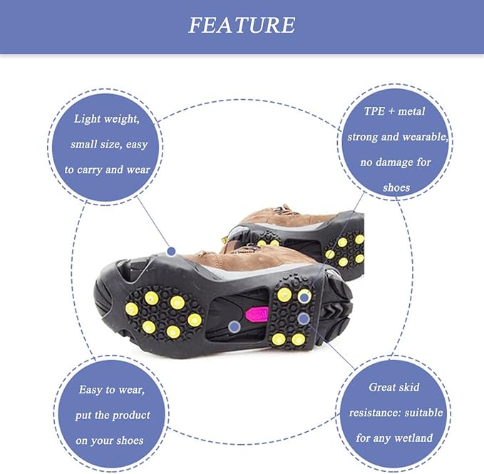 Ice Cleats for Shoes and Boots, Ice Snow Traction Cleats Grippers, Non Slip Shoe Ice Grippers,10 Steel Rubber Spikes Crampons Anti Easy Slip Studs Crampons Slip-on Stretch Footwear