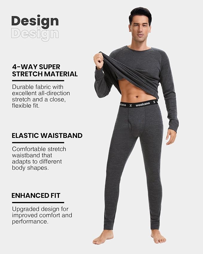 Men's 100% Merino Wool Base Layer Sets Lightweight Active Base Layer for Ski