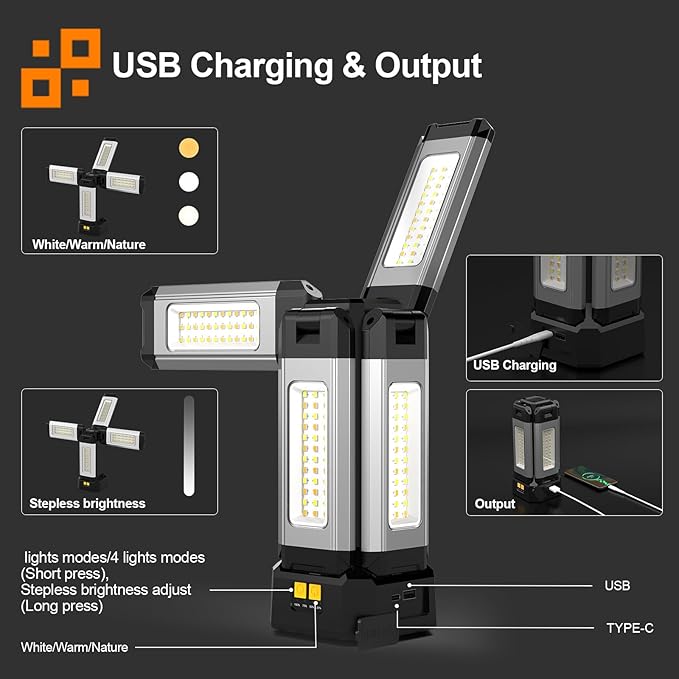 Upgraded Aluminum13200mAh Rechargeable Work Light with Folding Stand and Carrying Bag, 8000 Lumen Cordless Camping Light, White/Warm/Nature White with Detachable Tripod (Remote)