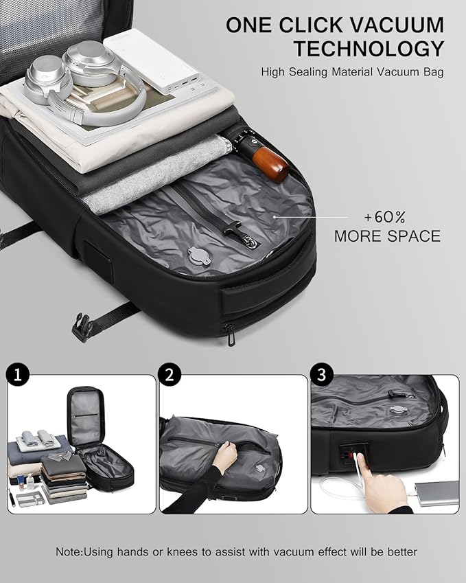 Vacuum Rolling Backpack with Vacuum System, Built-in Pump and Charging Port, Carry On Luggage with Vacuum Seal Bag, Wheels, Travel Suitcase with Vacuum Compression Bag for 17" Laptop