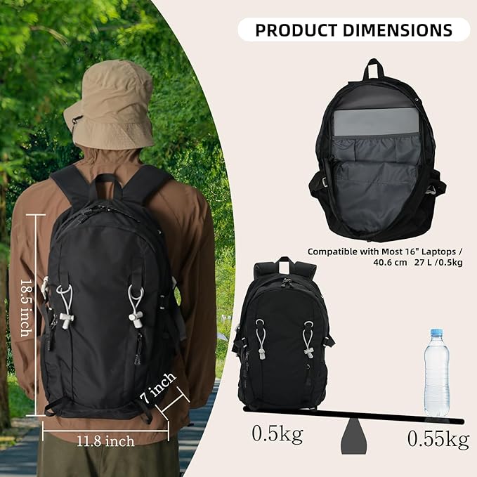 27L Lightweight Everyday Outdoor Backpack for Men and Women, Dual-Use Daypack Fits 16 Inch Laptop, Ideal for Commuting, Travel, Hiking, Business, School and Gym