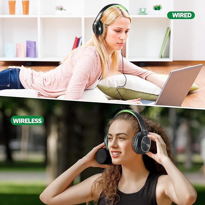 Rydohi Bluetooth Headphones Over Ear, 68H Playtime 3 EQ Music Modes Wireless Headphones with Microphone/Deep Bass, HiFi Stereo Foldable Headset for PC Home Travel Office (Black Green)