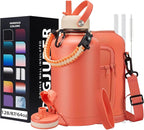 64oz Insulated Water-Bottle with Strap - Half Gallon Water Jug with Straw & Spout Lid, 2 Liter Stainless Steel Water Bottle Leak Proof, Cold-48h Hot-24h Metal Flask w/Paracord Handle, Carrier Case