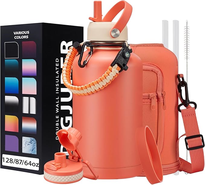 64oz Insulated Water-Bottle with Strap - Half Gallon Water Jug with Straw & Spout Lid, 2 Liter Stainless Steel Water Bottle Leak Proof, Cold-48h Hot-24h Metal Flask w/Paracord Handle, Carrier Case
