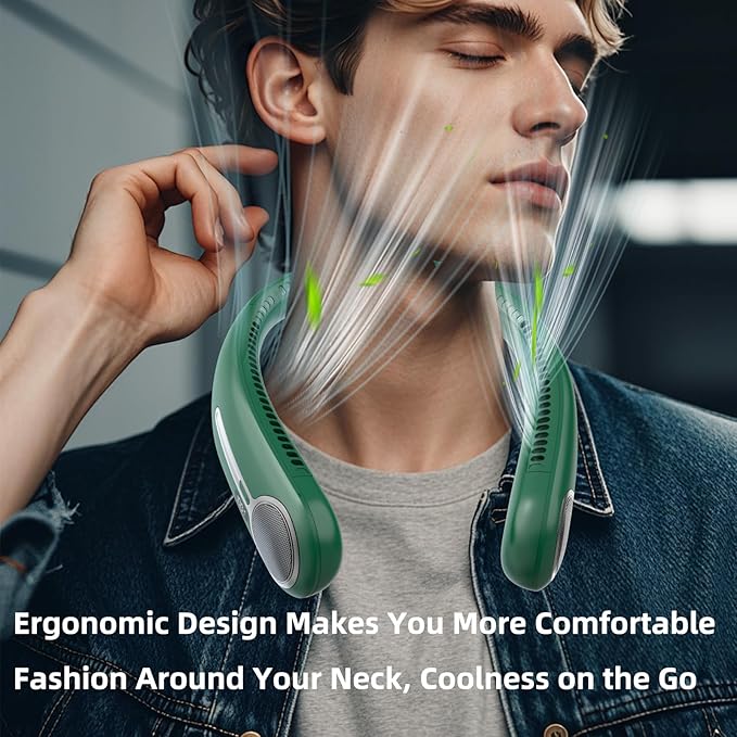Portable Neck Fan,Hands Free Personal Wearable Bladeless Fan,6000mAh USB Rechargeable,360° Cooling,LED Display,4-Speeds,Birthday Gifts for Men Women Dad Mom,Outdoor Indoor Travel Camping (Dark green)