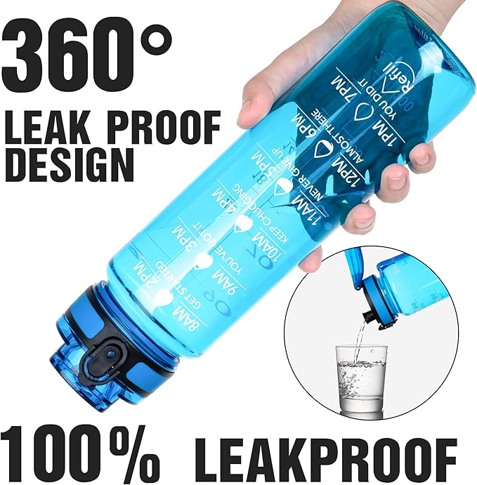 OLDLEY Water Bottle, 32oz Motivational Sports Water Bottle with Time Marker - Times to Drink - Tritan, BPA Free, Wide Mouth Leakproof, Glacial Blue (1 Bottle)