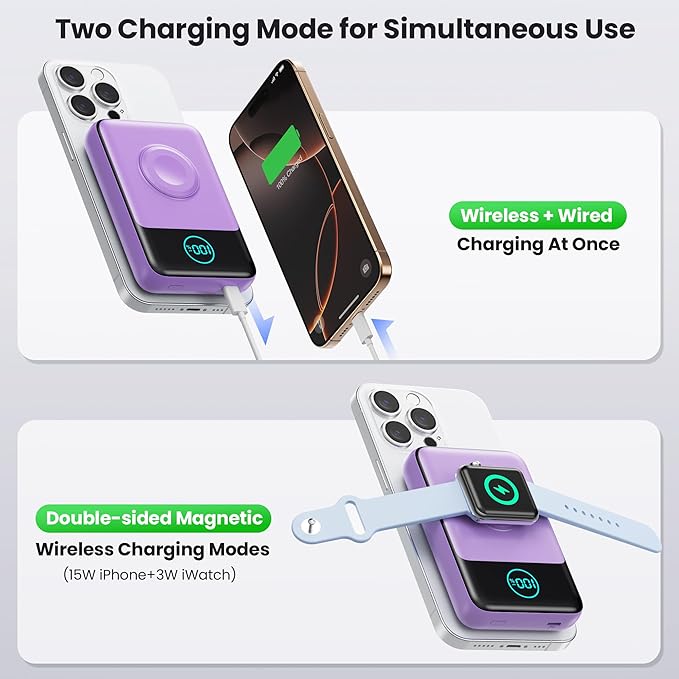 Magnetic Portable Charger for iPhone, 3-in-1 10800mAh Qi2 15W Wireless Power Bank with iWatch Charger,30W PD Fast Charging USB-C LCD Display Battery Pack for Magsafe,iPhone 16/15/14/13/12, Apple Watch