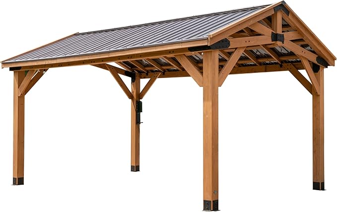 Backyard Discovery Norwood 16 ft. x 12 ft. Cedar Wood Gazebo,Thermal Insulated Steel Roof, Durable, Supports Snow Loads and Wind Speed, Rot Resistant, Backyard, Deck, Garden, Patio Light Brown