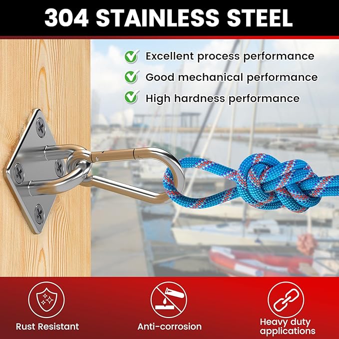 sprookber 304 Stainless Steel Pad Eye Snap Hooks, M8 Heavy Duty Ceiling Hooks, 1200 lb Capacity Hammock Swing Hanging kit, Plant Hangers, Marine Hardware Staple Hook Loop with Screws, Set of 8