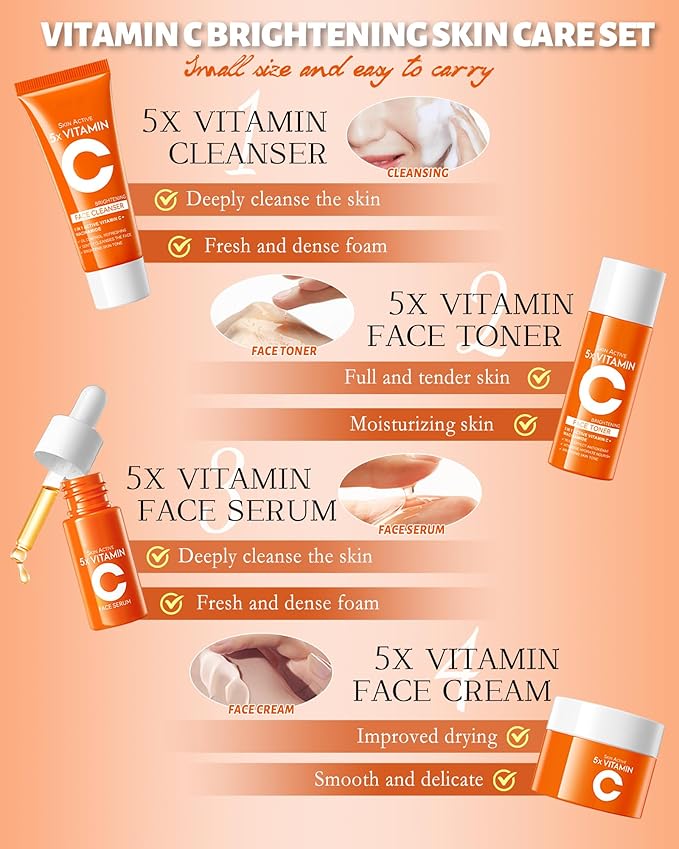 Skin Care Set,4 in 1 Vitamin C Soft Travel Kit with Cleanser,Toner,Serum,Face Cream,Moisturizing Firming Anti-Aging Soft Skin,Women’s Mother's Day Skincare Beauty Gift Kit for Women Mom
