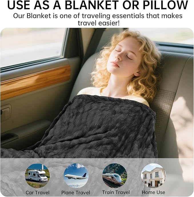 Travel Blanket and Pillow-2-in-1, Ultra-Soft&Compact, One-Piece Airplane Blanket with Hand Luggage Belt and Backpack Clip,Travelers Accessories Gifts, 61x43 Inches (Dark Grey)