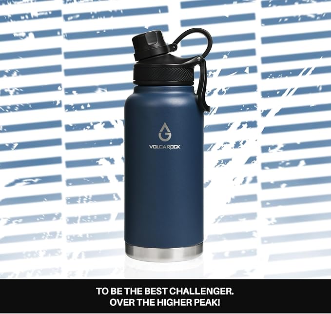 Sports Water Bottle 24/32/40/64Oz with Straw Lid Dustproof, 3 Lids, Vacuum Insulated Stainless Steel, Simple Thermo Flask, Modern Double Wall Hydro Metal Canteen- 32 Oz Navy Blue