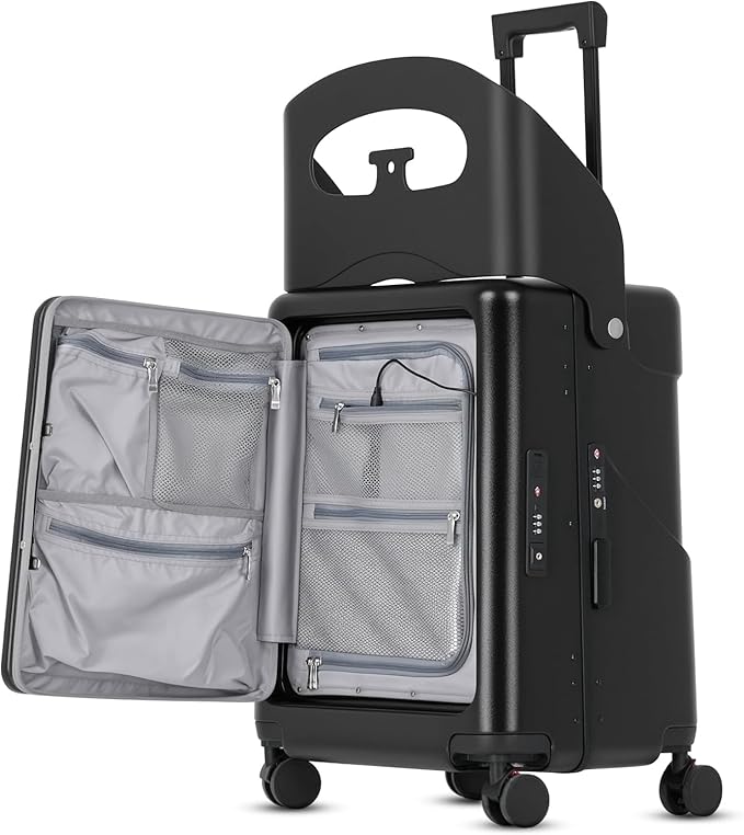 advwin 20" Carry-On Luggage with Seat for Kids & Adults, Lightweight Hardside Ride-On Suitcase with Front Opening, TSA Lock, 360° Spinner Wheels (Black, 20-inch)