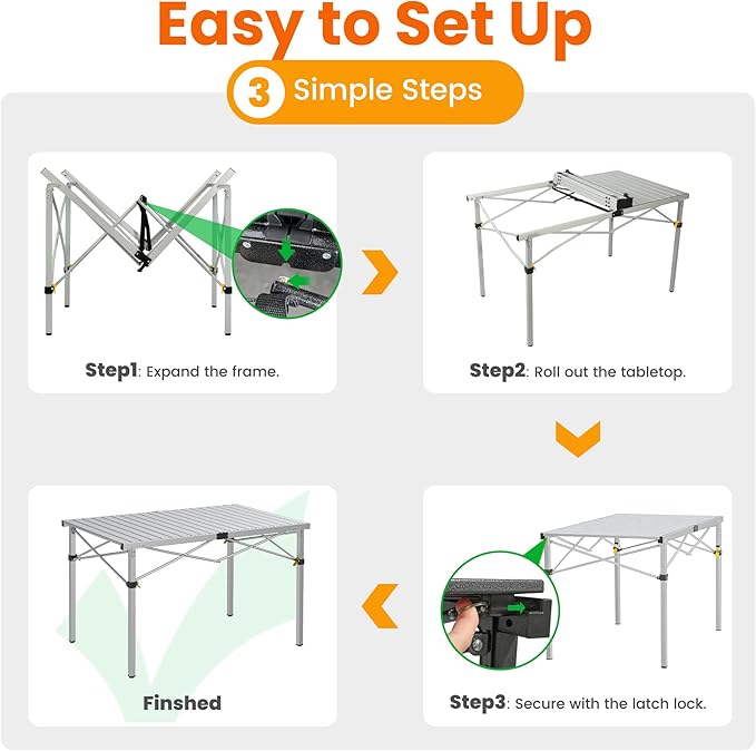 Large 46.4" Camping Table for 2-6 People - 220lbs Capacity Heavy Duty Foldable Outdoor Table with Aluminum Roll-Up Top & Carry Bag, Portable Picnic Desk for BBQ, Tailgating, Backyard (Silver)