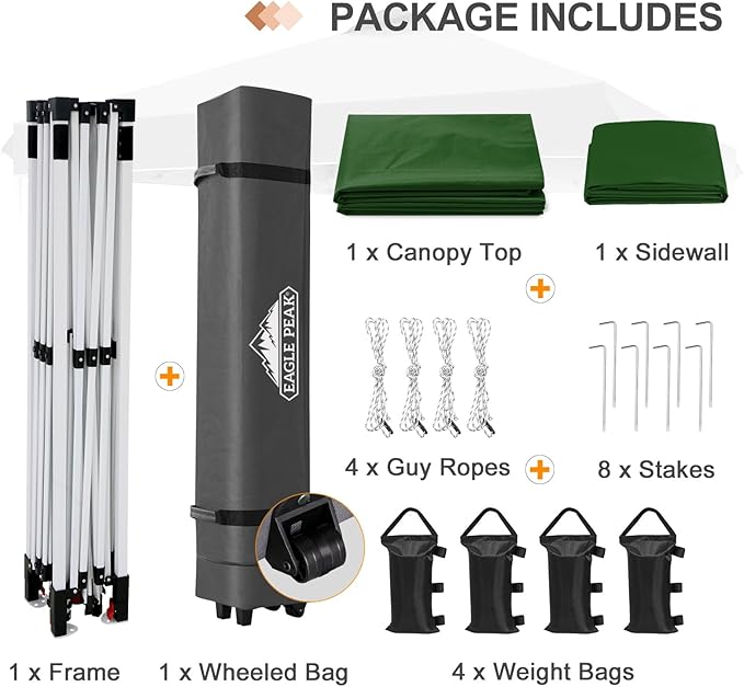 EAGLE PEAK Pop Up Canopy Tent with 1 Sidewall, Easy Setup Event Tent, Outdoor Sun Shade, Wheeled Carry Bag, Stakes and Guy Ropes, Instant Canopy 12x12, Green