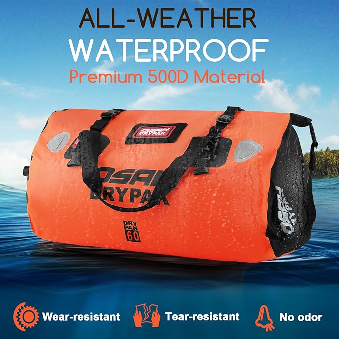 Waterproof Duffel Bag - Motorcycle Dry Bag Tail Bag with Large Storage Space, Waterproof Luggage Duffle Bags with Outer Mesh Zipper Pocket for Camping, Kayaking, Fishing & Traveling