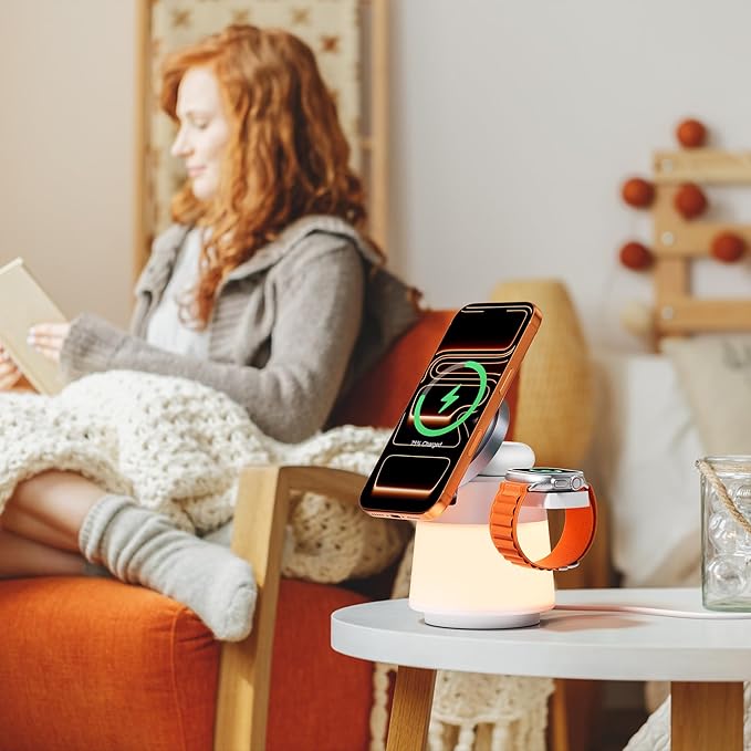 Wireless Charger 3 in 1, Magnetic Wireless Charger Stand with Night Light, 360° Rotation Portable Travel Charging Station Multiple Devices for iPhone 17/16/15/14/13/12, Apple Watch, AirPods Pro 3