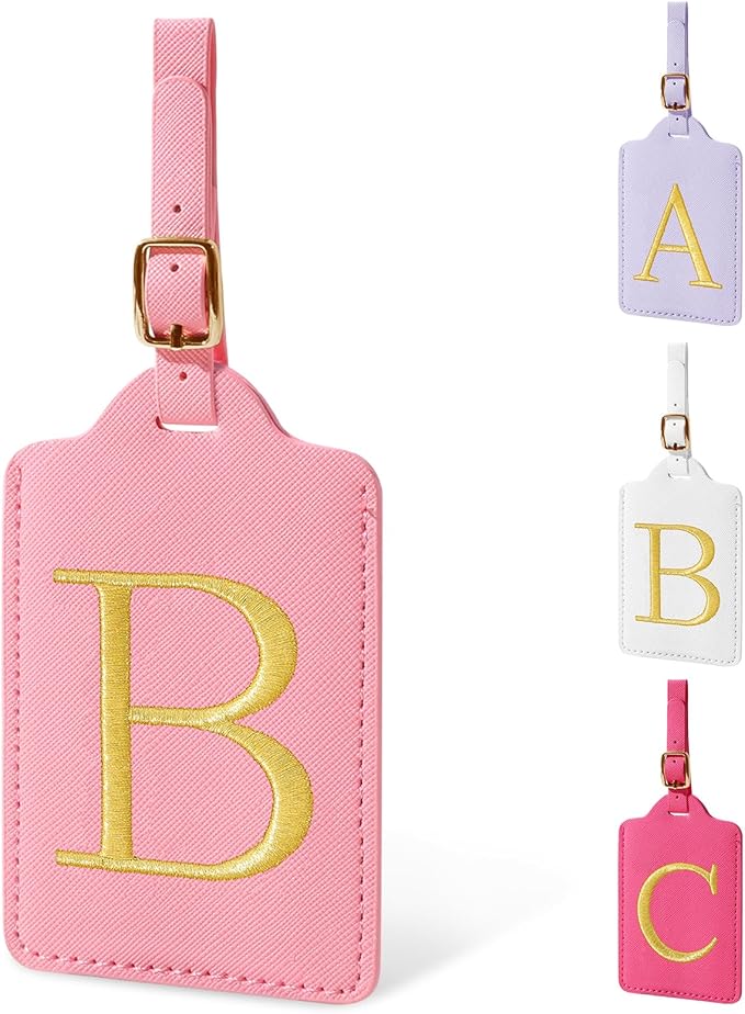 Personalized Initial Luggage Tags for Suitcase, Pink Leather Cute Luggage Tags with Privacy Cover Name Card, Embroidered Custom Monogrammed Luggage Tag Travel Bag Baggage Tags Gifts for Women Kids(B)
