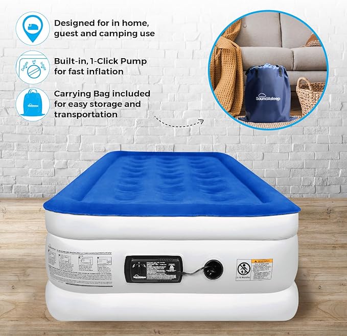 SoundAsleep Products Dream Series Luxury Air Mattress, ComfortCoil Technology, Built-in High Capacity Pump for Home, Camping- Double Height, Adjustable, Inflatable Blow Up, Portable - Twin XL Size