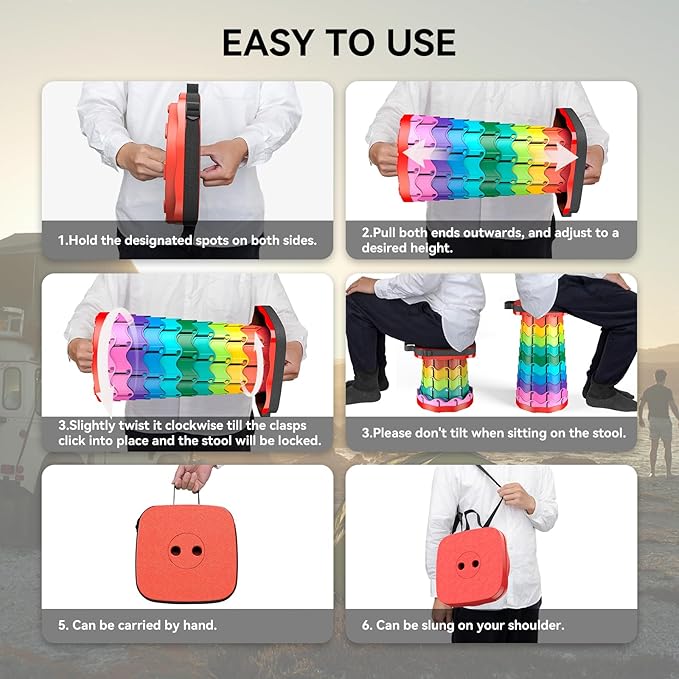 Upgraded Collapsible Stool, Portable Folding Stool, Telescoping Camping Chair with Max Load Capacity 485lbs, Square Retractable Stool for Camping Gardening Fishing Hiking BBQ [Rainbow+Red]