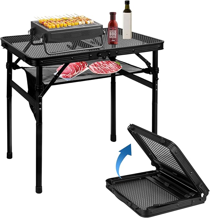 MSDADA Folding Grill Table, Height Adjustable Aluminum Table with Mesh Desktop and Mesh Bag, Portable Grill Table for Outdoor Camping, Picnic, Patio, Dining, BBQ, Party, Black, 23.6×15.7 inch