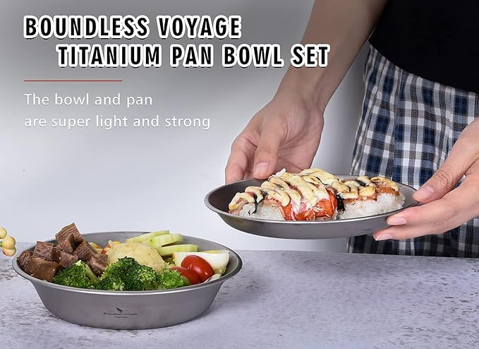 iBasingo Titanium Camping Plates and Bowls Set with Mesh Bag - 174mm Ultralight Backpacking Dinnerware for Hiking, Survival Kit & Outdoor Cooking (61g Plate + 67g Bowl) Ti1113T