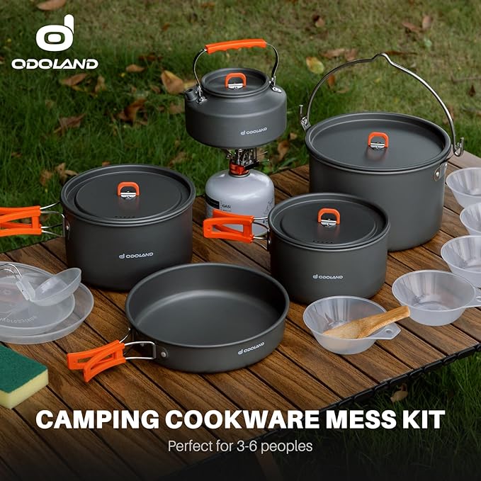 Odoland 18pcs Camping Cookware Large Size Hanging Pot Pan Kettle Set with Plastic Plates Bowls Soup Spoon for Camping, Backpacking, Outdoor Cooking and Picnic