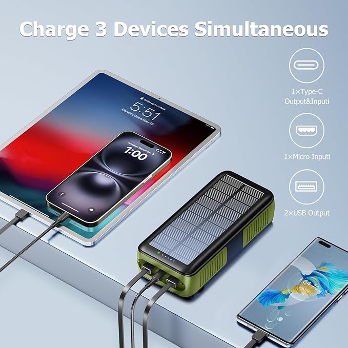 Solar Charger Power Bank 63200mAh, Portable Charger with Dual Outputs & Dual Inputs 4 LEDs Flashlight, Hand Crank Power Bank Fast Charging Battery Pack for Outdoor Camping Survival Gear (army green)