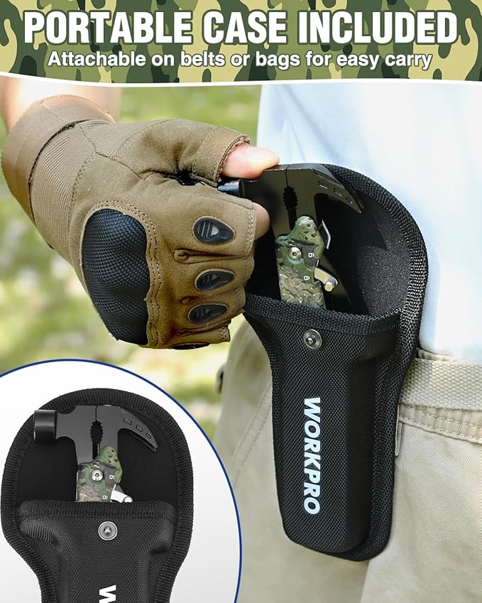 WORKPRO Multitool-12 in 1 Camping Tools with Mini Hammer-EDC Gear Multi Tools Hammer with Safety Lock and Pouch-Mini Multitools Gifts for Men and Women-Camouflage
