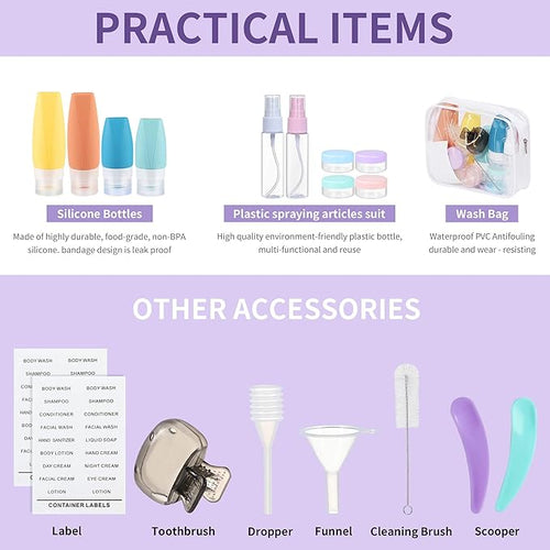 19 Pack Travel Bottles for Toiletries - TSA-Approved Leak-Proof Silicone Containers with Cream Jars Spray Bottles Funnel Brushes & Labels - Portable Refillable Kit for Shampoo Lotion & Conditioner