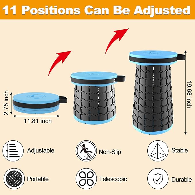 ALEVMOOM Upgraded XXL 19.7" Collapsible Stool, Heavy Duty Portable Folding Stool Max Load 1000 lbs, Retractable Telescoping Foldable Seat for Camping Fishing Hiking Travel BBQ
