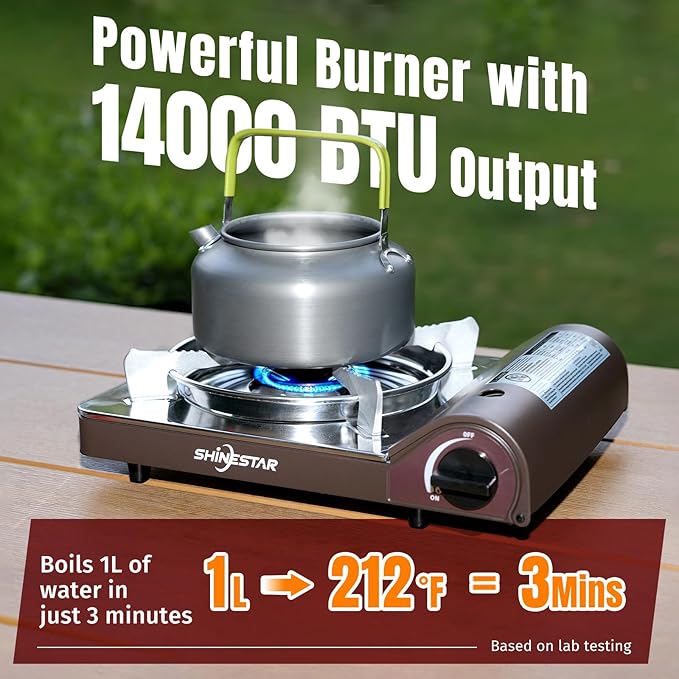 SHINESTAR 14000 BTU Butane Camping Stove, Double Wind-Guard Portable Stove for Outdoor Cooking, Carrying Case Included, Brown