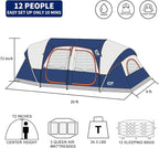 CAMPROS CP Tent 12-Person-Camping-Tents,3 Room Family Tents,Waterproof Windproof Family Tent with Top Rainfly,6 Large Mesh Windows,Double Layer,Easy Set Up, Portable with Carry Bag-20' x 9' x 72"(H)